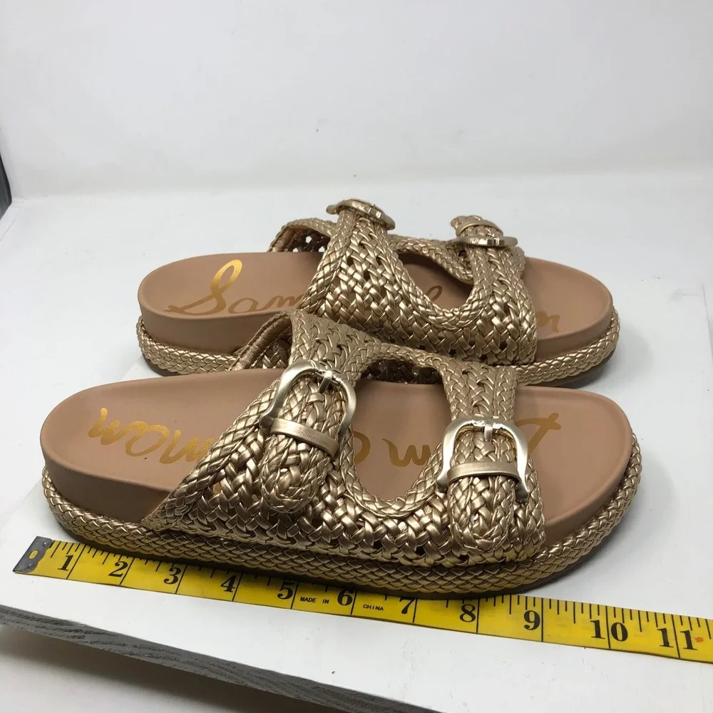 Sam Edelman Reid Slide Sandals Womens 9 Gold Braided Double Buckle Platform